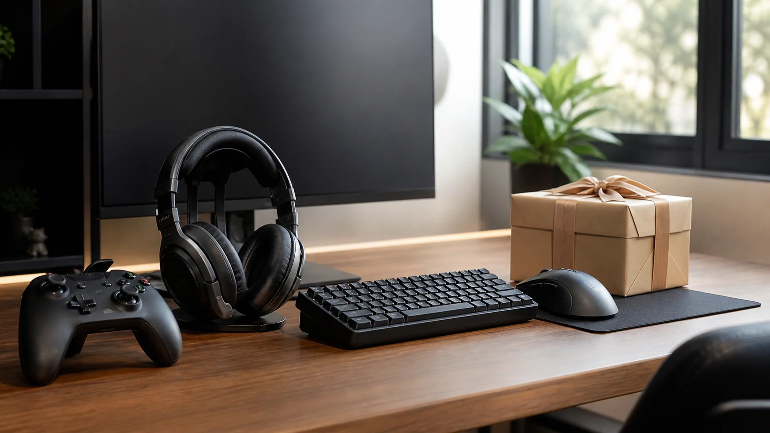 Auscultadores, comando, teclado e rato num espaço de gaming com uma prenda embrulhada