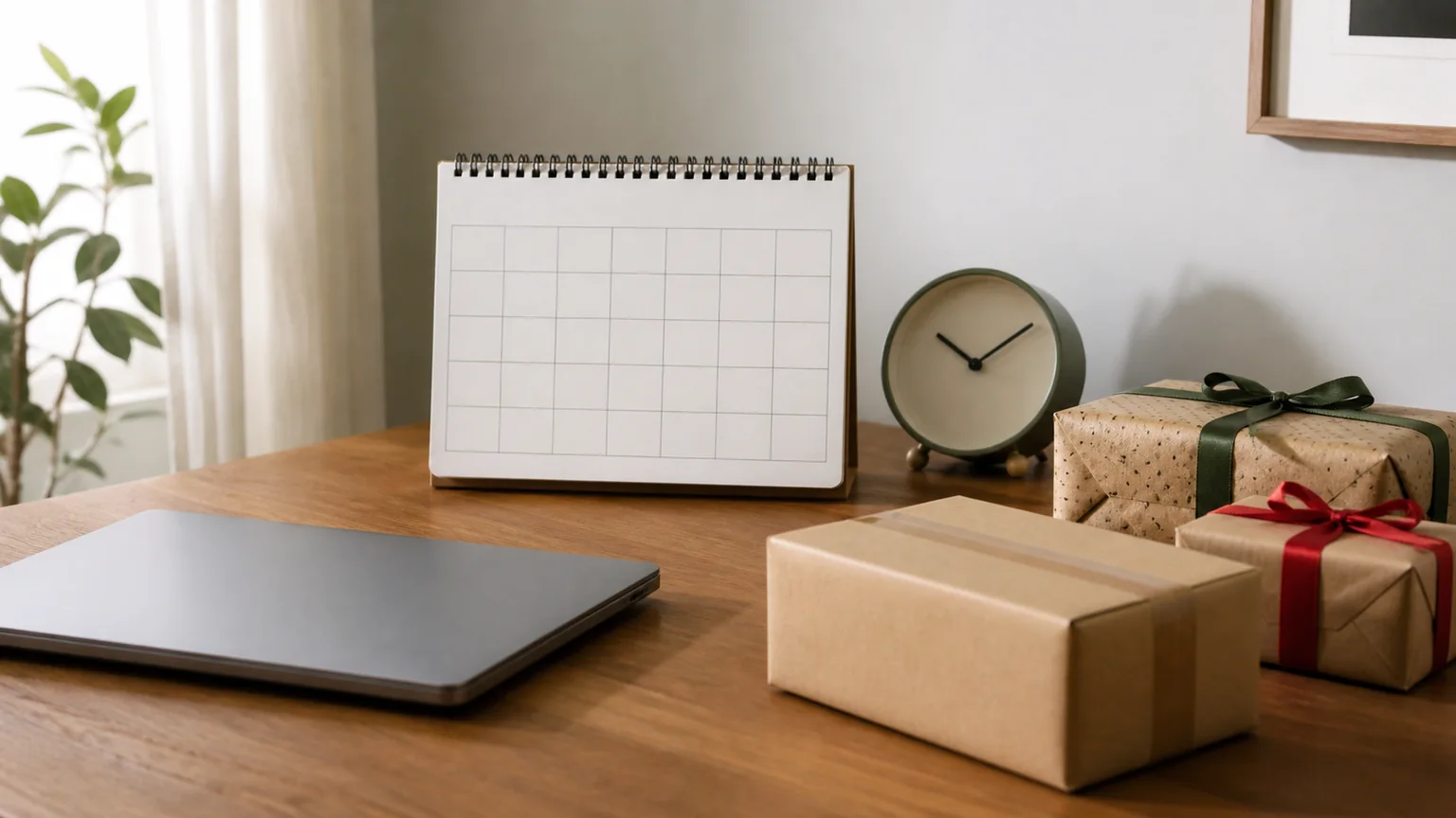 Encomendas e prendas embrulhadas junto a um calendário e relógio simples