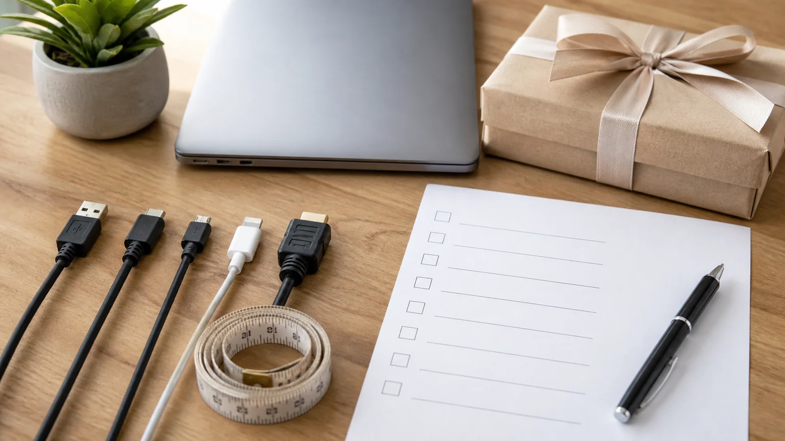 Equipamento, conectores, fita métrica, checklist em branco e prenda numa secretária