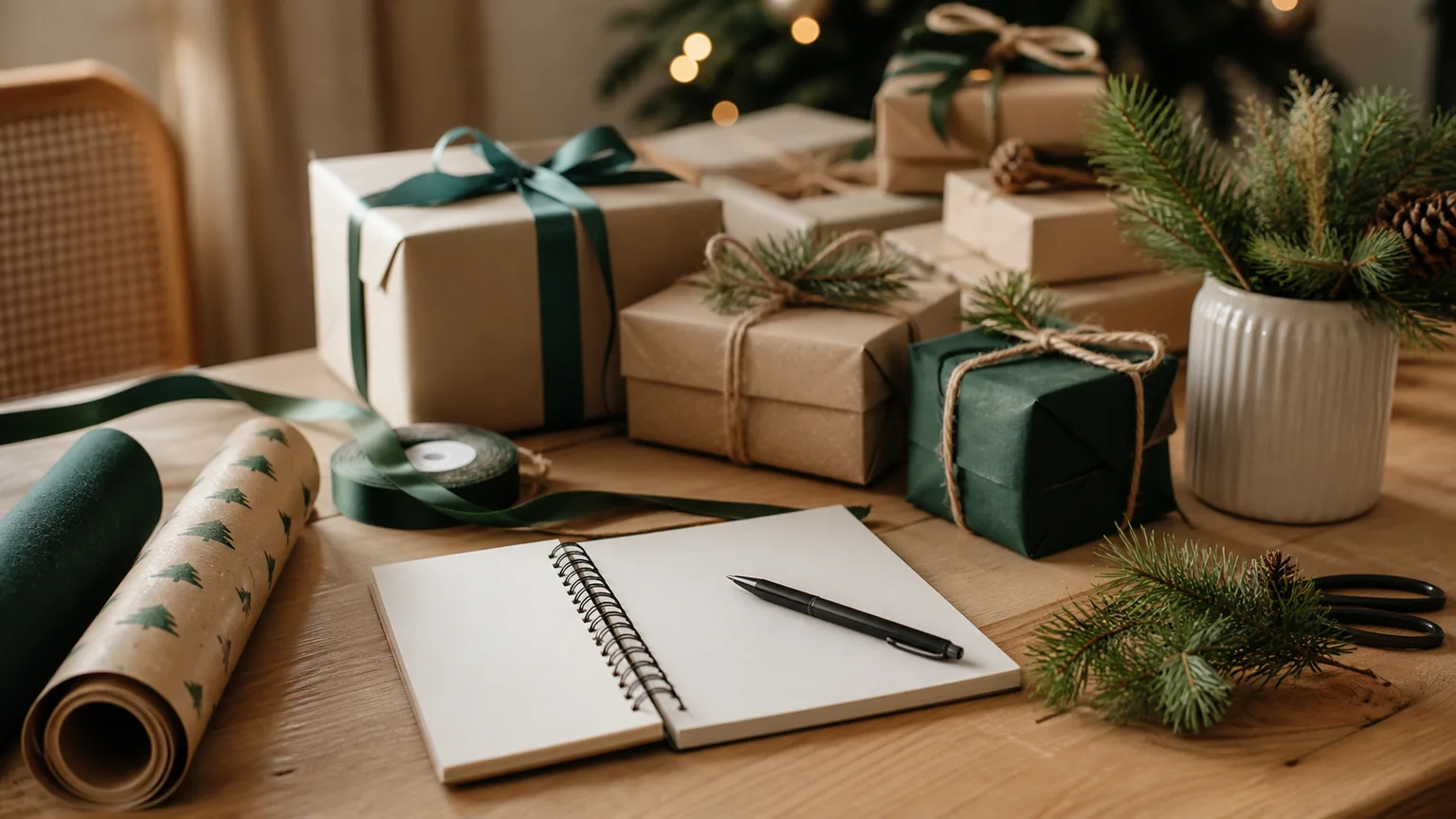 Mesa organizada com papel de embrulho, fitas, caderno e prendas de Natal