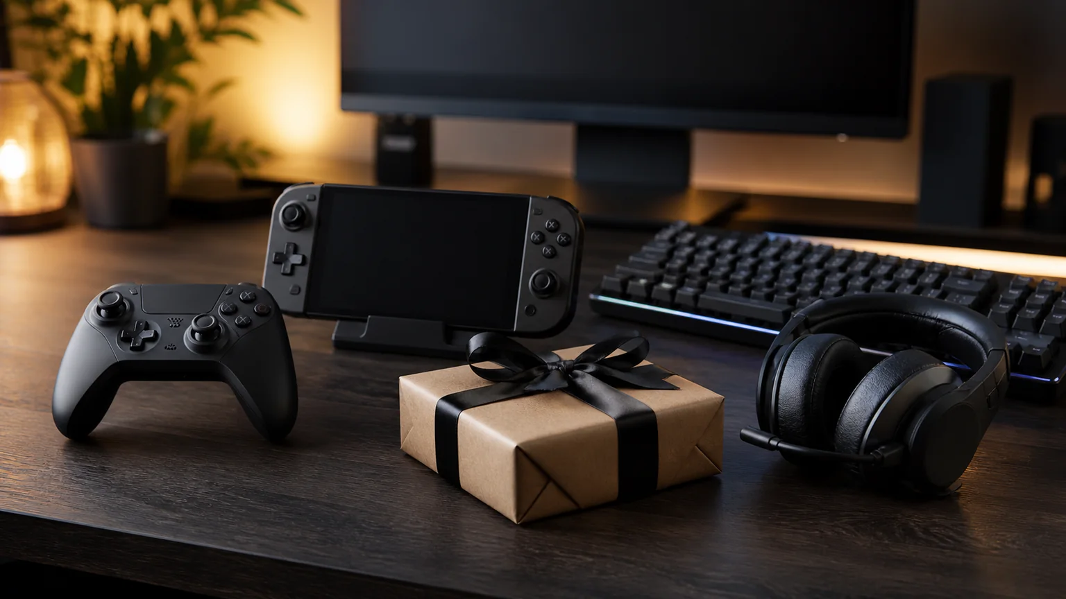 Comando, consola portátil, teclado e auscultadores organizados num espaço de gaming