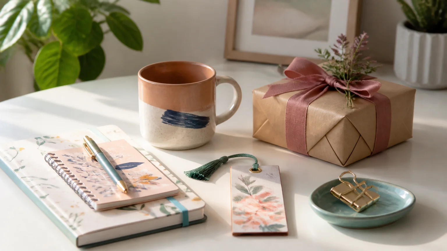 Caneca, caderno, marcador de página e pequena prenda escolhidos para oferecer