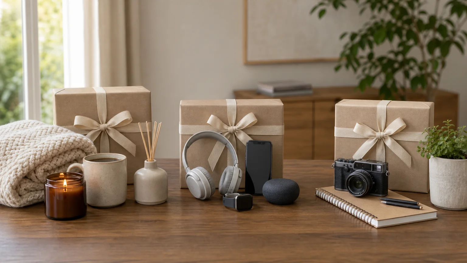 Grupos de prendas para casa, tecnologia e hobbies numa mesa de madeira