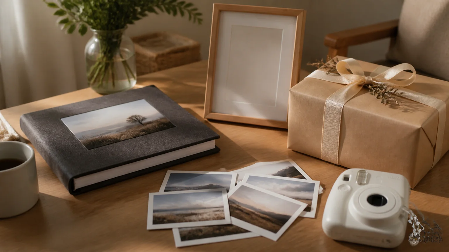 Álbum, fotografias sem rostos visíveis, moldura, câmara instantânea e prenda
