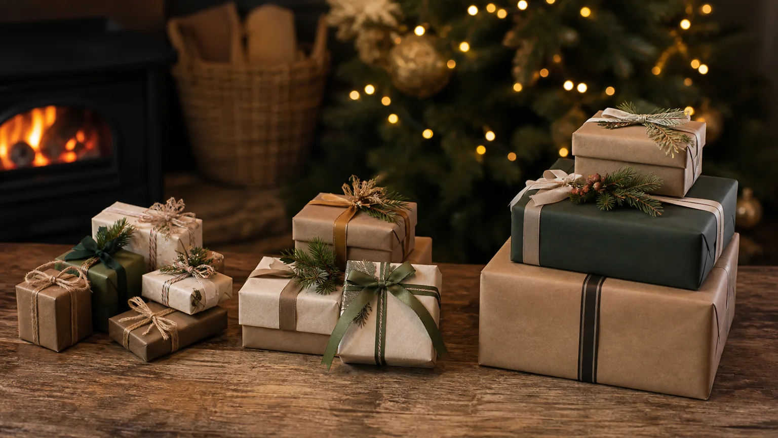 Três grupos de prendas de Natal embrulhadas numa sala iluminada