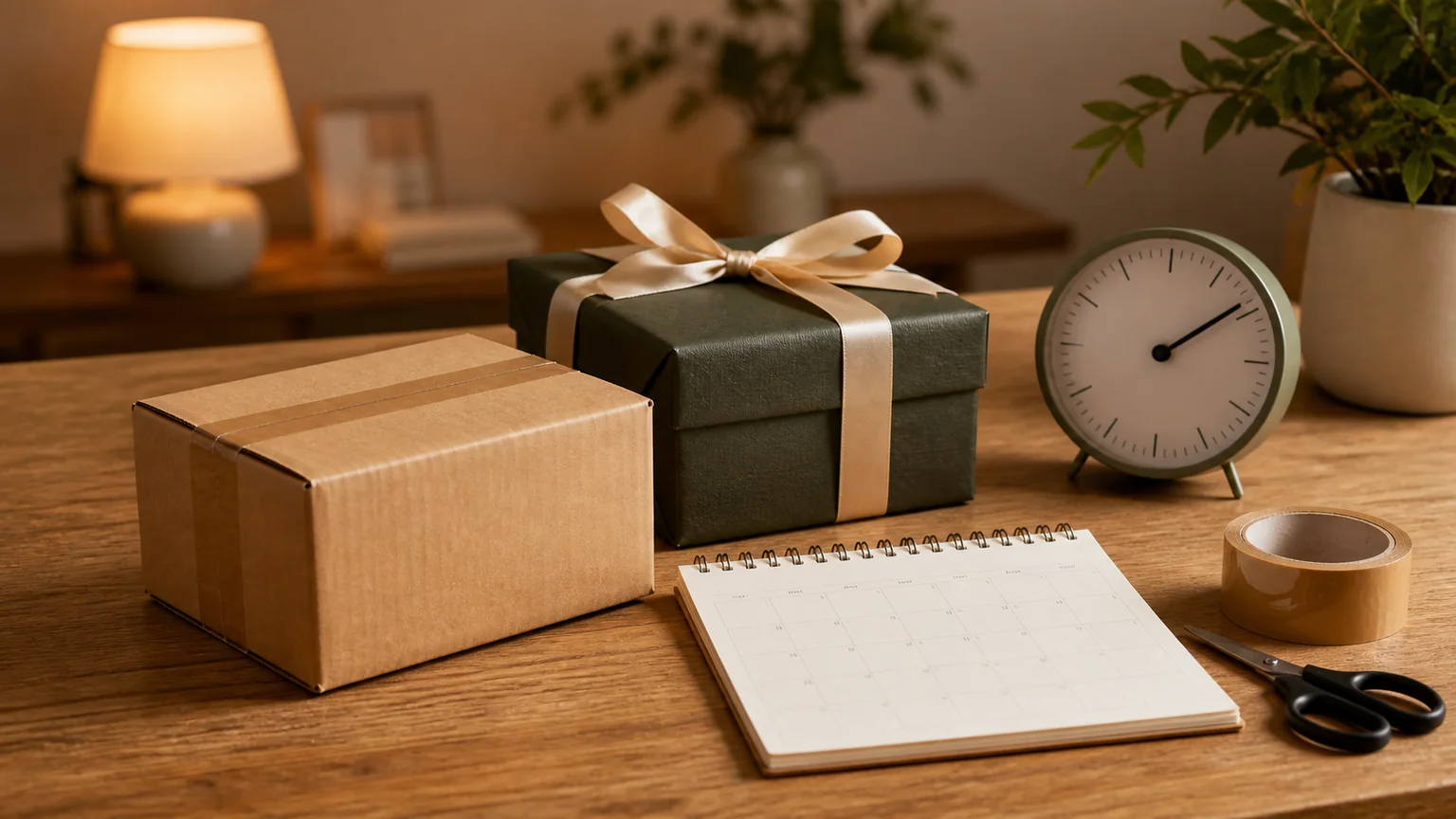 Encomenda, relógio simples, calendário em branco e prenda embrulhada