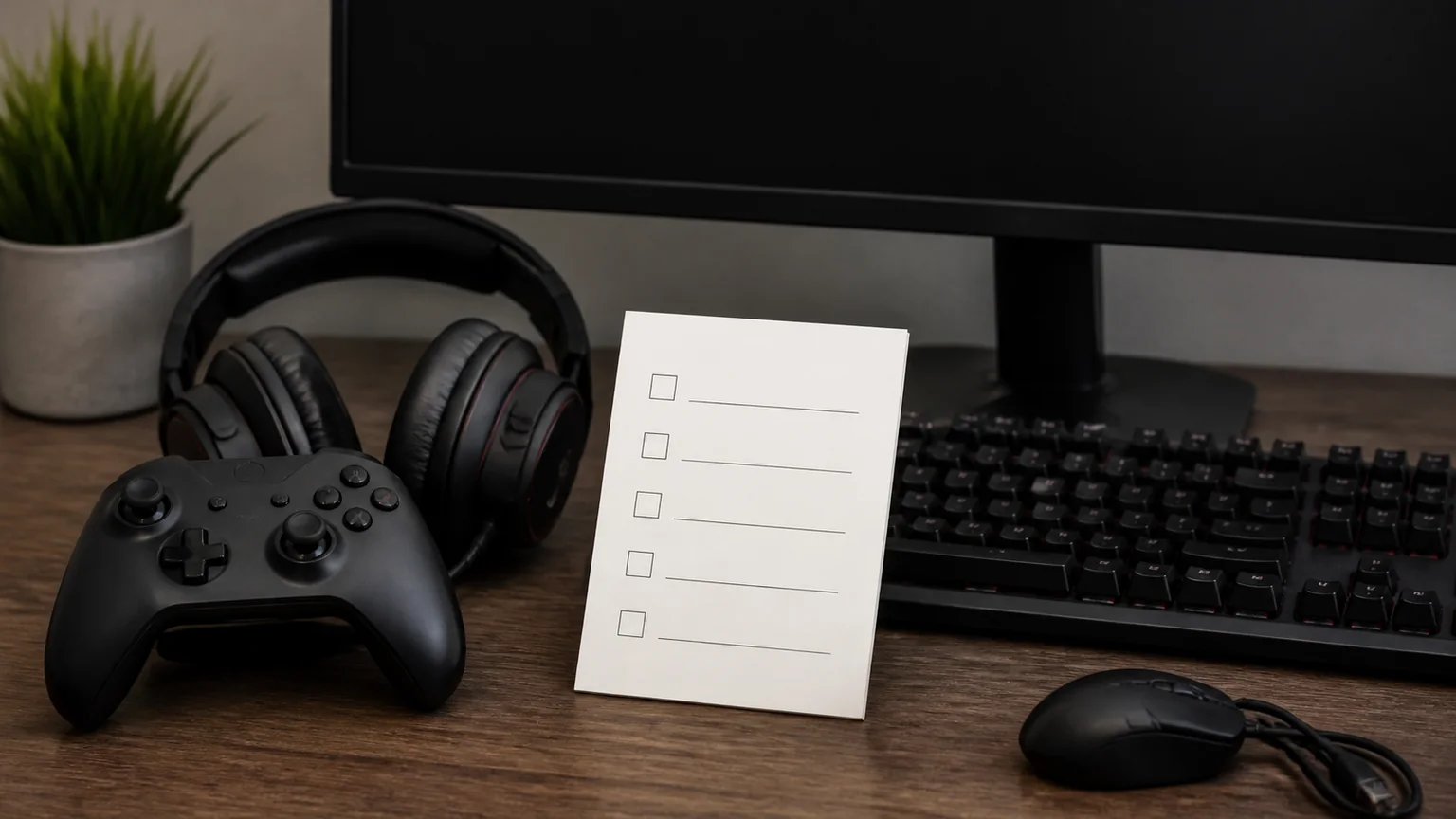 Acessórios de gaming e cartão de verificação em branco organizados numa secretária