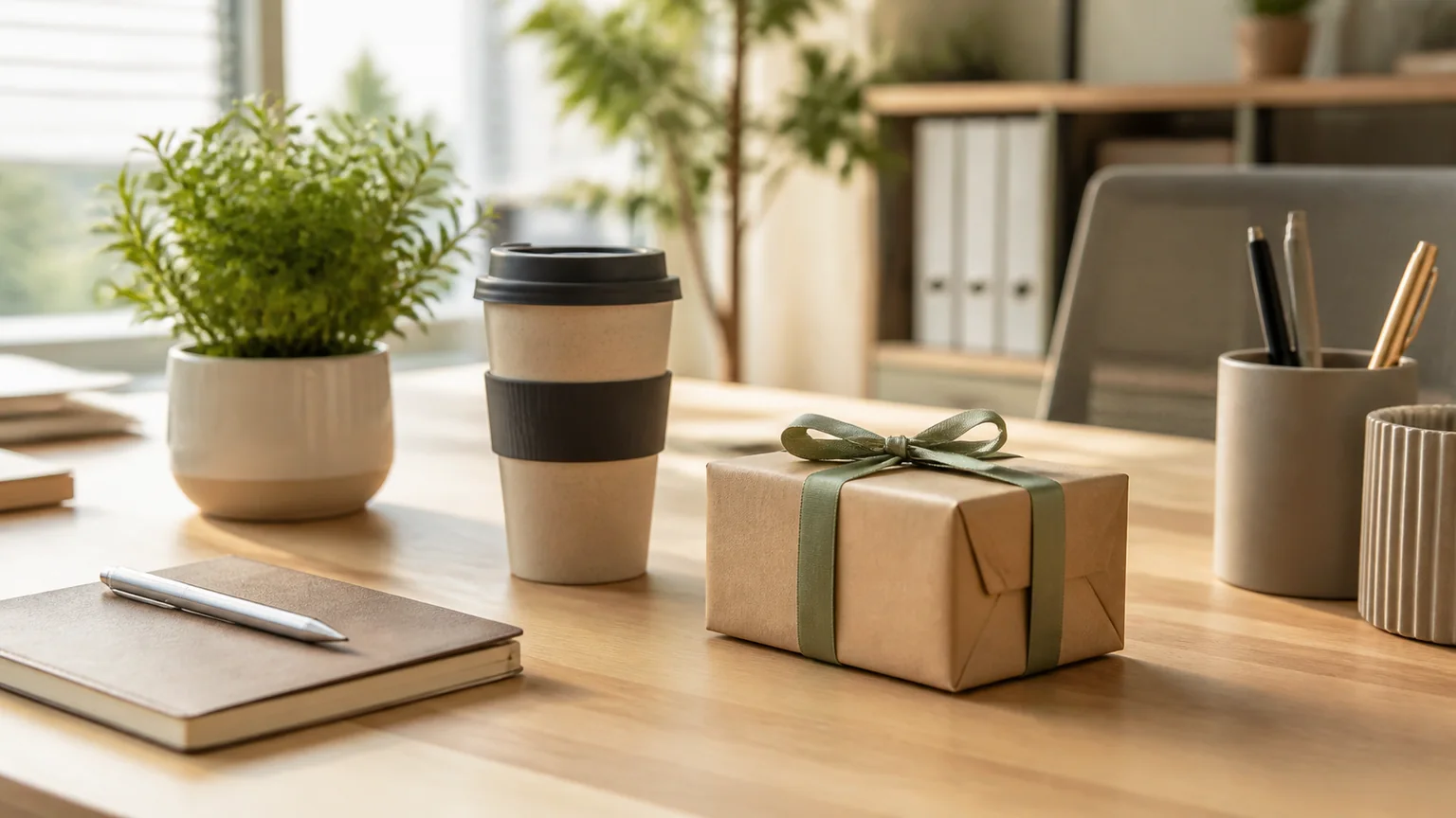 Secretária de escritório com caderno, caneca reutilizável, planta e pequena prenda