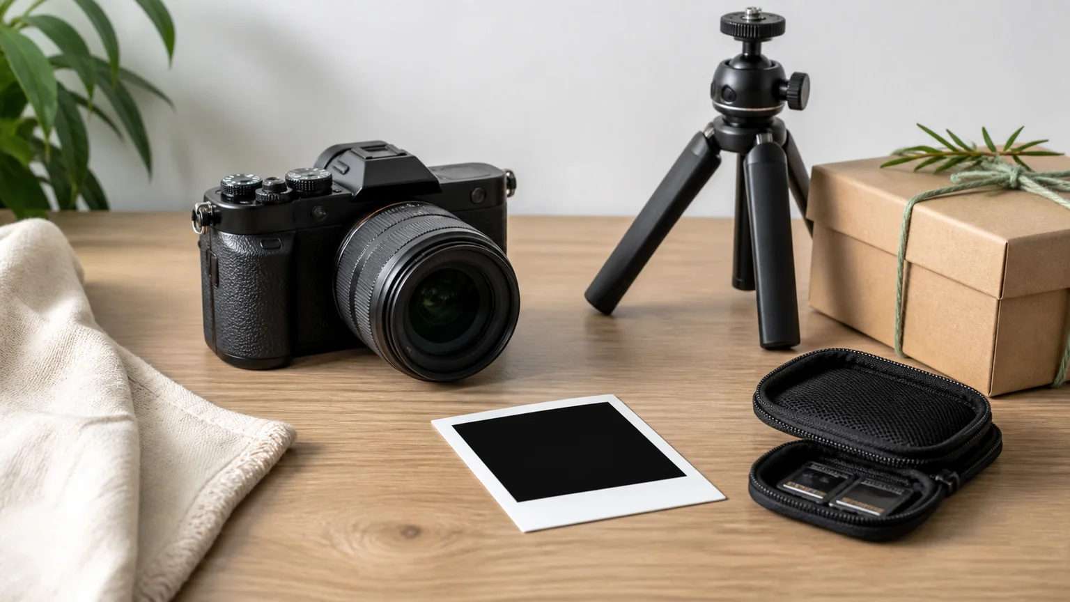 Câmara fotográfica, objetiva, tripé, cartão de memória e fotografia numa mesa