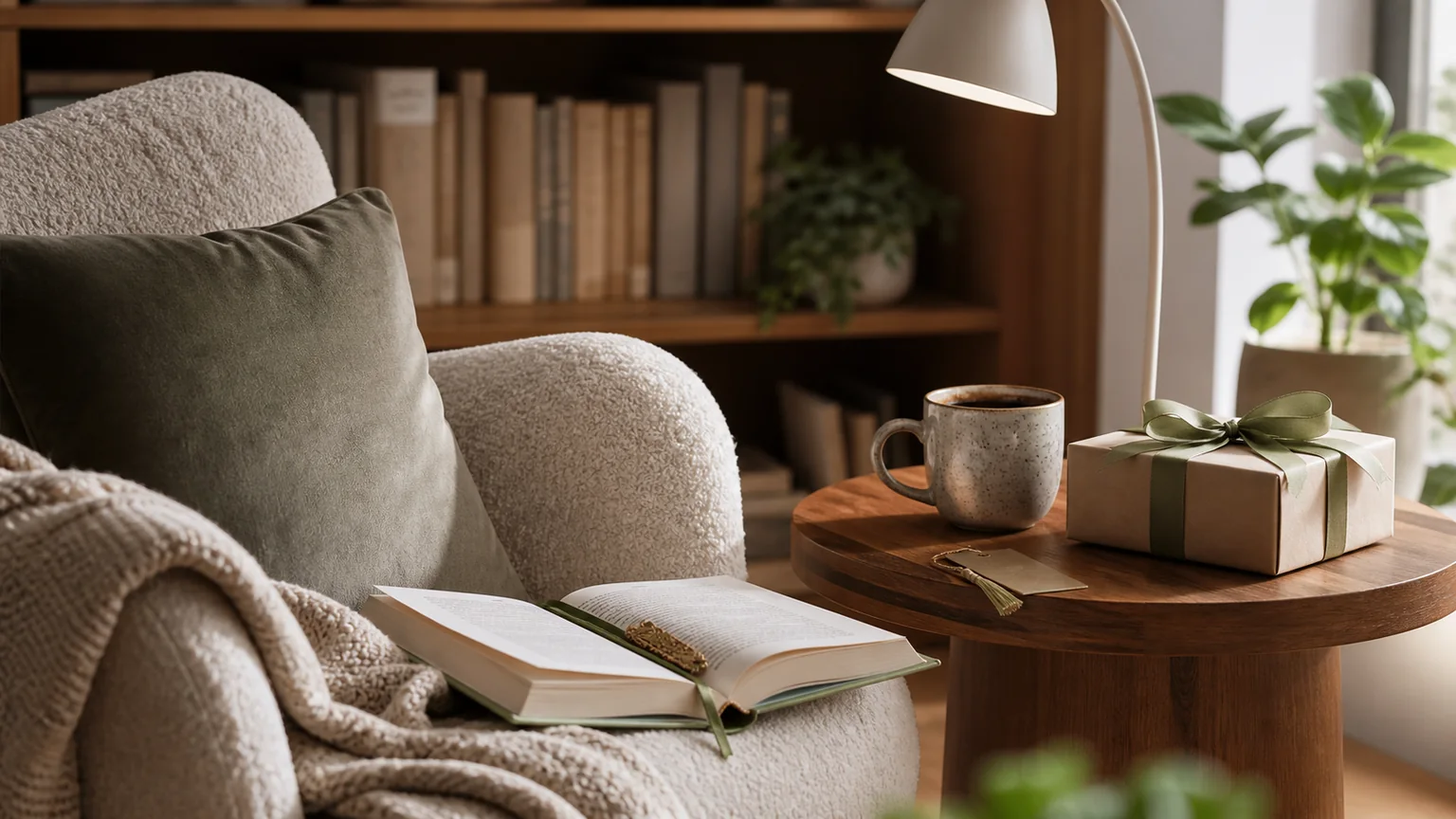 Canto de leitura com livros sem texto legível, luz, marcador, caneca e prenda