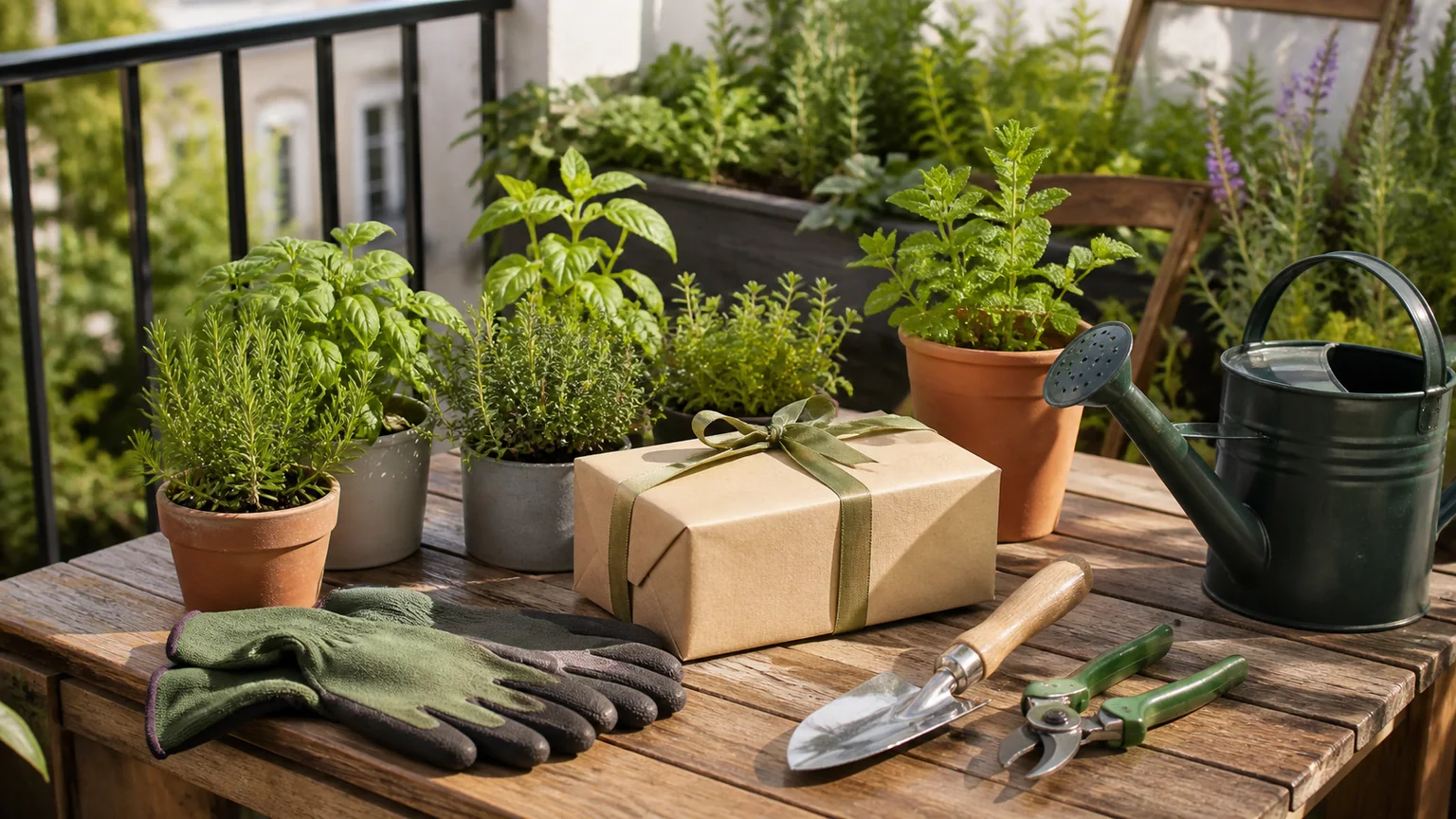 Luvas, pá, tesoura de poda, regador e vasos de plantas numa varanda