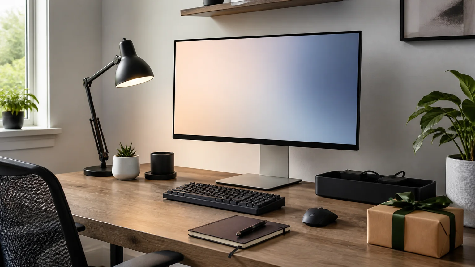 Secretária organizada com monitor, candeeiro, teclado, cabos e prenda embrulhada