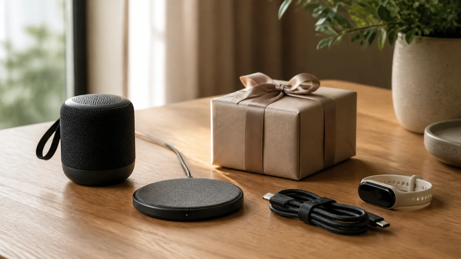 Coluna portátil, carregador sem fios, cabo USB-C e prenda embrulhada numa mesa